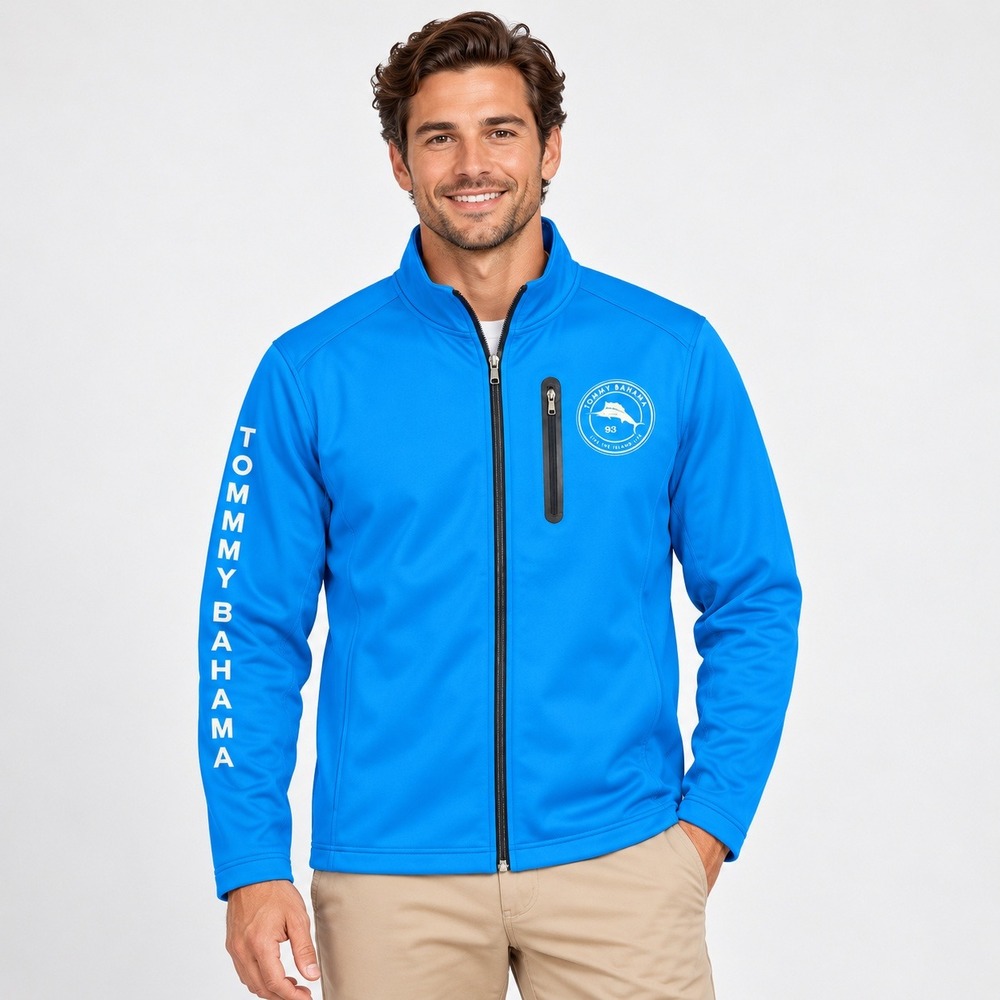 Tommy Bahama Mens XL Blue Full Zip UPF 30 Sun Shirt Jacket Marlin Logo